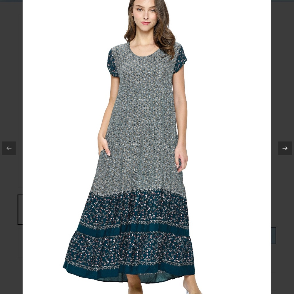 Y105 Yak & Yeti Boho Floral Pattern Tiered Maxi Dark Teal Pockets Sm Md Lg L XL